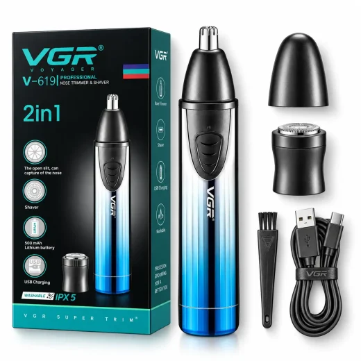 موزن بینی و ابرو وی جی ار مدل v619 با تیغه استیل ضد زنگ، برش مستقیم و چرخشی، شارژی