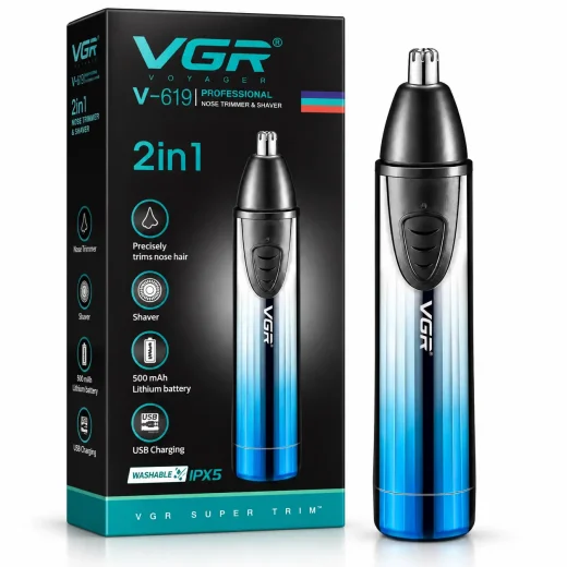 موزن بینی و ابرو وی جی ار مدل v619 با تیغه استیل ضد زنگ، برش مستقیم و چرخشی، شارژی