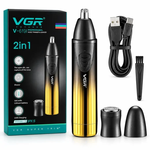 موزن بینی و ابرو وی جی ار مدل v619 با تیغه استیل ضد زنگ، برش مستقیم و چرخشی، شارژی