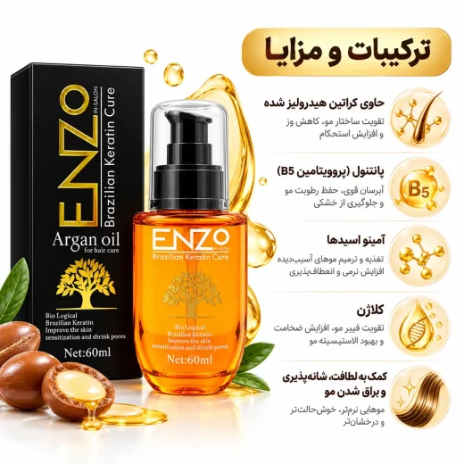 روغن مو آرگان انزو ENZO مدل Brazilian Keratin Cure حجم 60 میلی‌لیتر